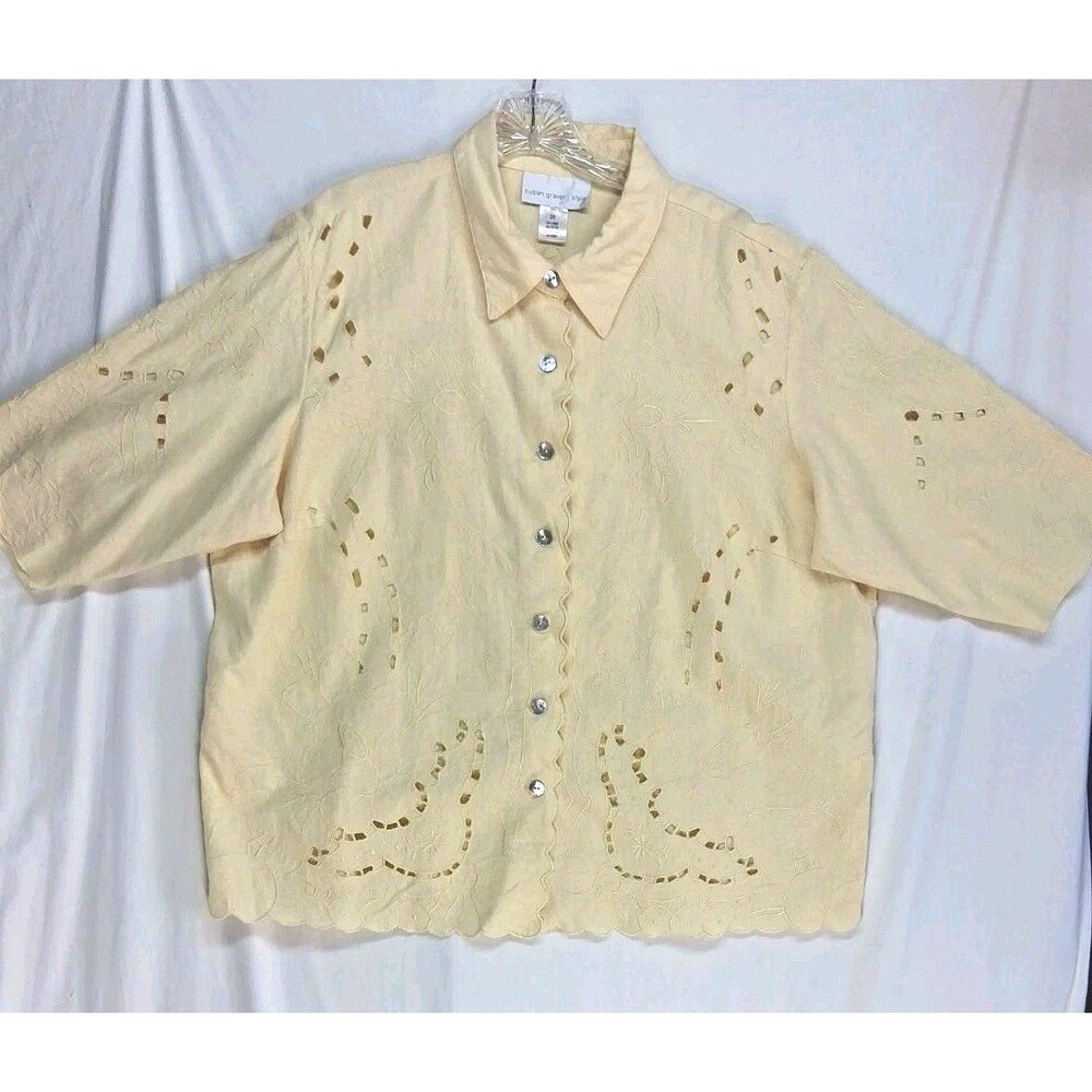 Susan Graver Linen Blend Top Yellow Women 2X Embroidered Eyelet Button Scalloped